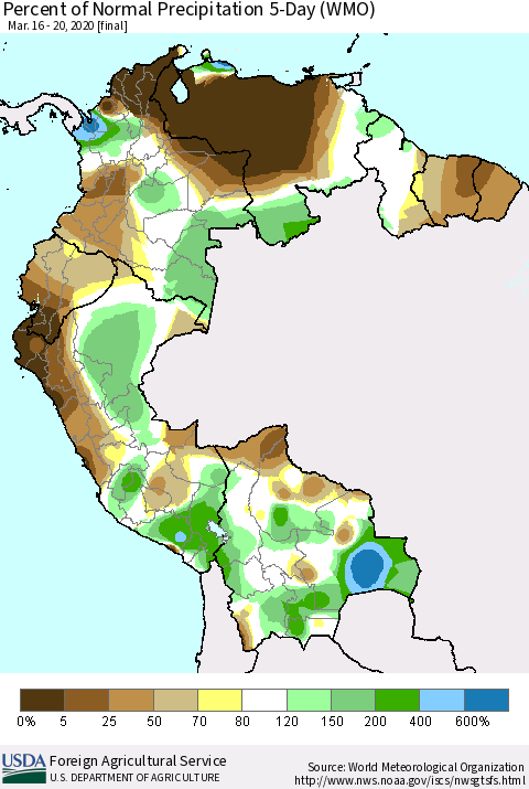 Northern South America Percent of Normal Precipitation 5-Day (WMO) Thematic Map For 3/16/2020 - 3/20/2020