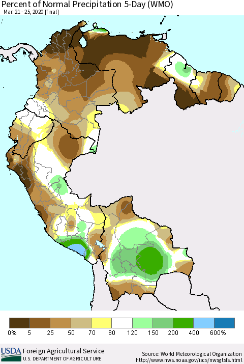 Northern South America Percent of Normal Precipitation 5-Day (WMO) Thematic Map For 3/21/2020 - 3/25/2020