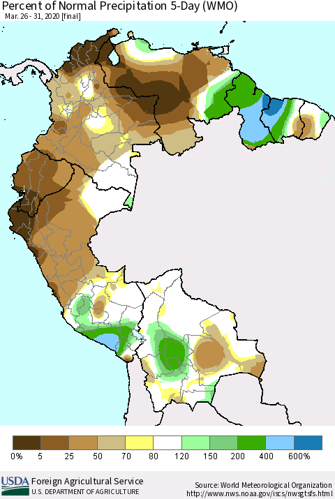 Northern South America Percent of Normal Precipitation 5-Day (WMO) Thematic Map For 3/26/2020 - 3/31/2020