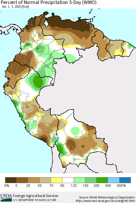 Northern South America Percent of Normal Precipitation 5-Day (WMO) Thematic Map For 4/1/2020 - 4/5/2020