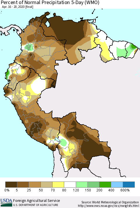 Northern South America Percent of Normal Precipitation 5-Day (WMO) Thematic Map For 4/16/2020 - 4/20/2020