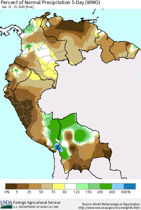 Northern South America Percent of Normal Precipitation 5-Day (WMO) Thematic Map For 4/21/2020 - 4/25/2020