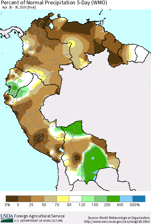 Northern South America Percent of Normal Precipitation 5-Day (WMO) Thematic Map For 4/26/2020 - 4/30/2020