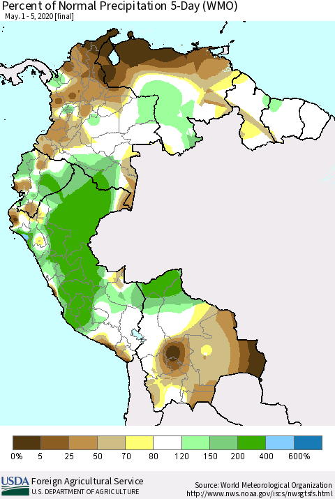 Northern South America Percent of Normal Precipitation 5-Day (WMO) Thematic Map For 5/1/2020 - 5/5/2020