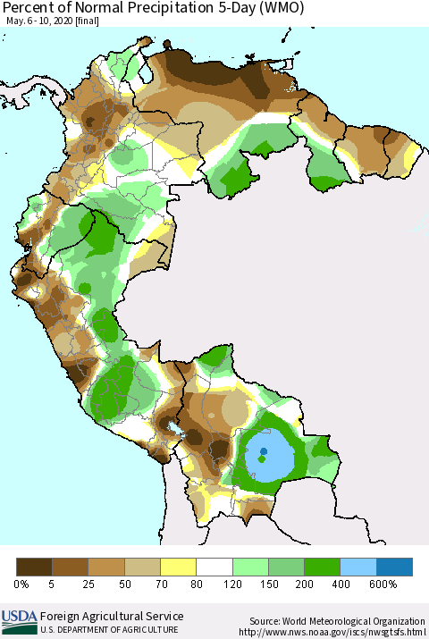 Northern South America Percent of Normal Precipitation 5-Day (WMO) Thematic Map For 5/6/2020 - 5/10/2020