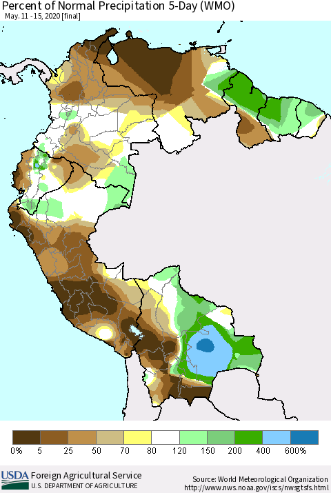 Northern South America Percent of Normal Precipitation 5-Day (WMO) Thematic Map For 5/11/2020 - 5/15/2020