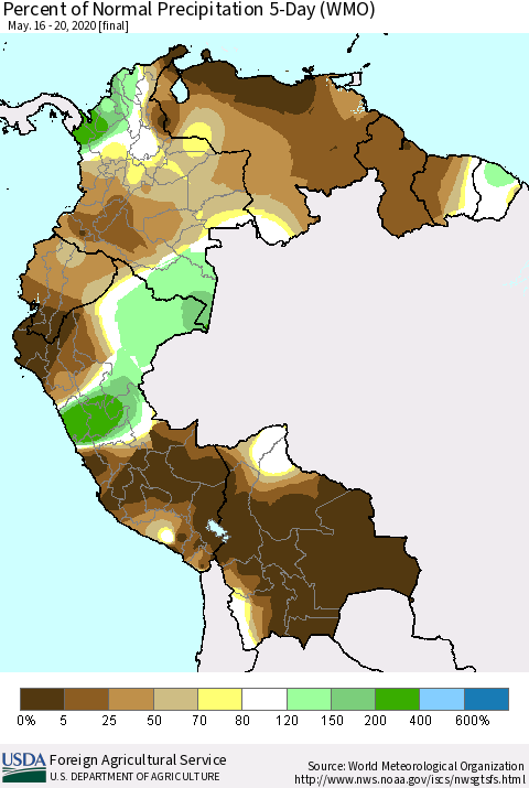 Northern South America Percent of Normal Precipitation 5-Day (WMO) Thematic Map For 5/16/2020 - 5/20/2020