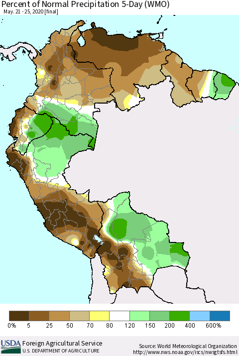 Northern South America Percent of Normal Precipitation 5-Day (WMO) Thematic Map For 5/21/2020 - 5/25/2020