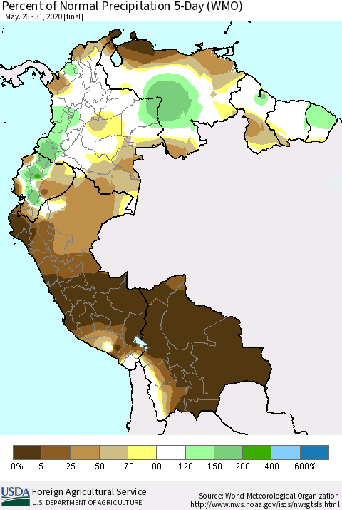 Northern South America Percent of Normal Precipitation 5-Day (WMO) Thematic Map For 5/26/2020 - 5/31/2020