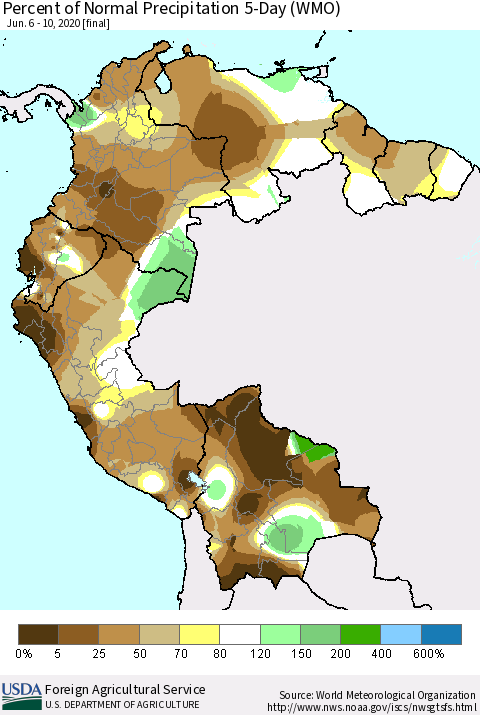 Northern South America Percent of Normal Precipitation 5-Day (WMO) Thematic Map For 6/6/2020 - 6/10/2020
