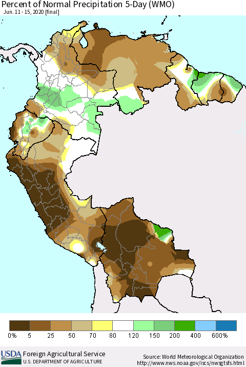 Northern South America Percent of Normal Precipitation 5-Day (WMO) Thematic Map For 6/11/2020 - 6/15/2020