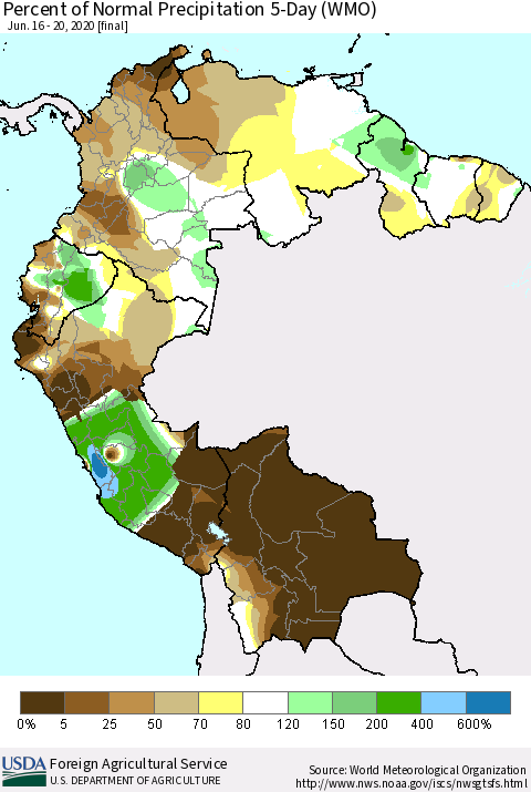 Northern South America Percent of Normal Precipitation 5-Day (WMO) Thematic Map For 6/16/2020 - 6/20/2020