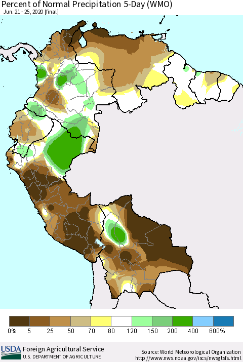 Northern South America Percent of Normal Precipitation 5-Day (WMO) Thematic Map For 6/21/2020 - 6/25/2020