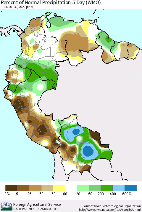 Northern South America Percent of Normal Precipitation 5-Day (WMO) Thematic Map For 6/26/2020 - 6/30/2020