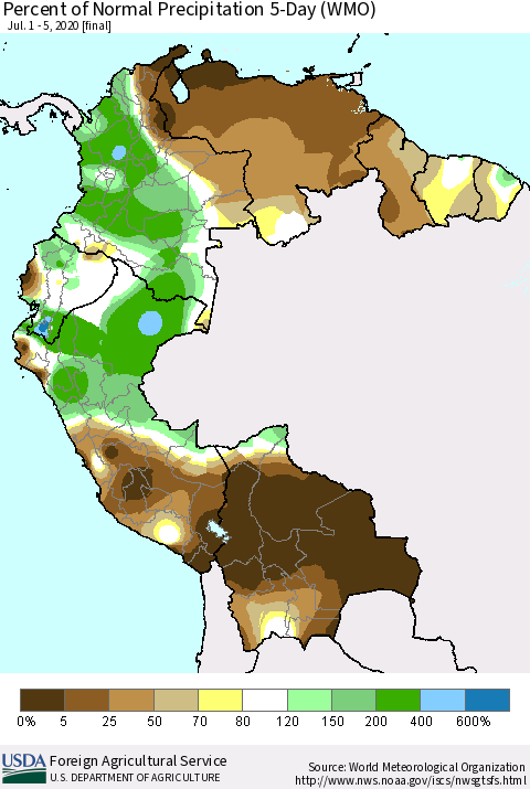 Northern South America Percent of Normal Precipitation 5-Day (WMO) Thematic Map For 7/1/2020 - 7/5/2020