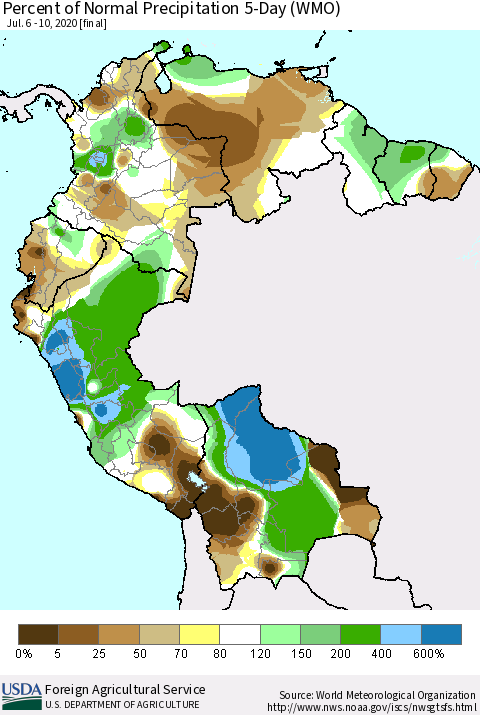 Northern South America Percent of Normal Precipitation 5-Day (WMO) Thematic Map For 7/6/2020 - 7/10/2020