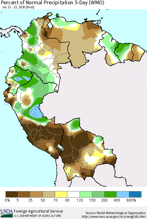 Northern South America Percent of Normal Precipitation 5-Day (WMO) Thematic Map For 7/11/2020 - 7/15/2020