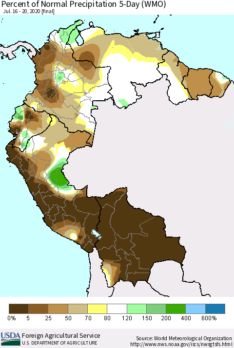 Northern South America Percent of Normal Precipitation 5-Day (WMO) Thematic Map For 7/16/2020 - 7/20/2020