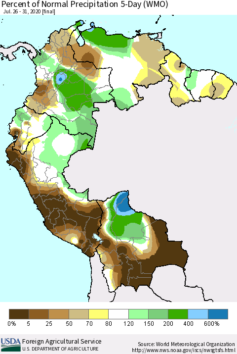 Northern South America Percent of Normal Precipitation 5-Day (WMO) Thematic Map For 7/26/2020 - 7/31/2020
