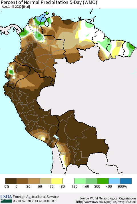 Northern South America Percent of Normal Precipitation 5-Day (WMO) Thematic Map For 8/1/2020 - 8/5/2020