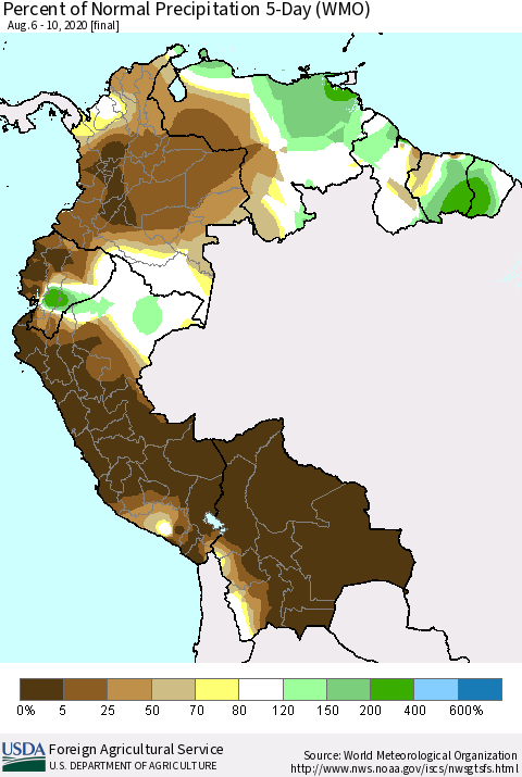 Northern South America Percent of Normal Precipitation 5-Day (WMO) Thematic Map For 8/6/2020 - 8/10/2020