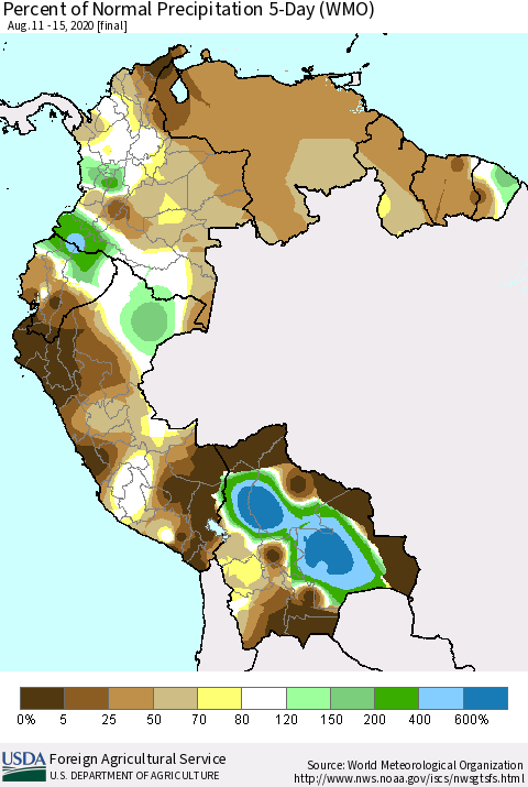 Northern South America Percent of Normal Precipitation 5-Day (WMO) Thematic Map For 8/11/2020 - 8/15/2020