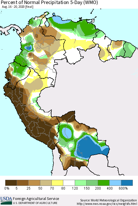 Northern South America Percent of Normal Precipitation 5-Day (WMO) Thematic Map For 8/16/2020 - 8/20/2020