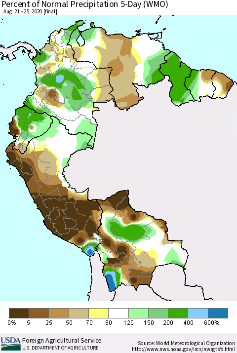 Northern South America Percent of Normal Precipitation 5-Day (WMO) Thematic Map For 8/21/2020 - 8/25/2020