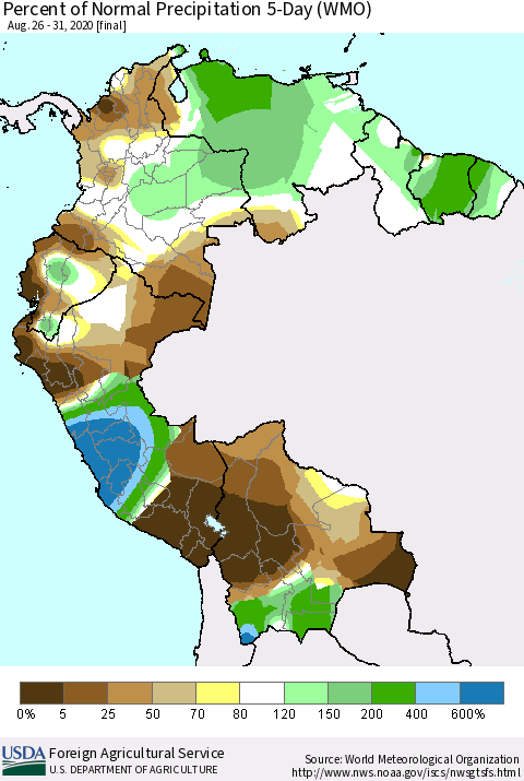 Northern South America Percent of Normal Precipitation 5-Day (WMO) Thematic Map For 8/26/2020 - 8/31/2020