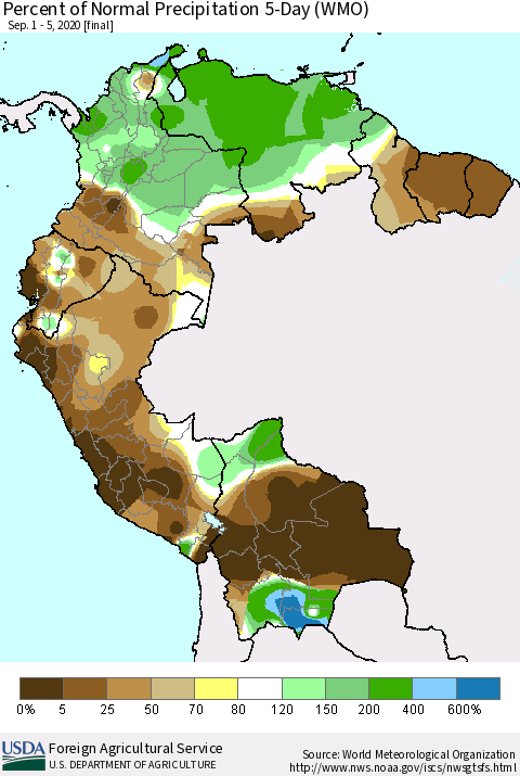 Northern South America Percent of Normal Precipitation 5-Day (WMO) Thematic Map For 9/1/2020 - 9/5/2020