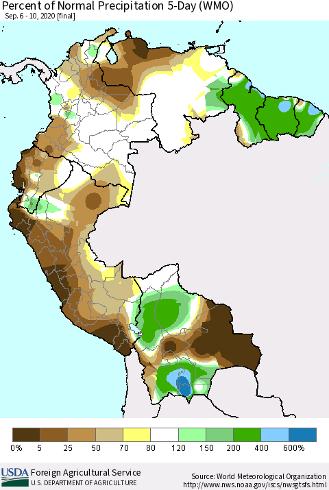 Northern South America Percent of Normal Precipitation 5-Day (WMO) Thematic Map For 9/6/2020 - 9/10/2020