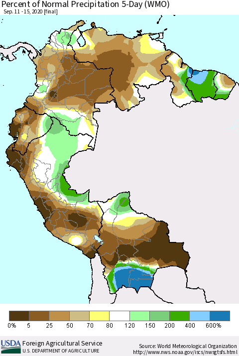 Northern South America Percent of Normal Precipitation 5-Day (WMO) Thematic Map For 9/11/2020 - 9/15/2020