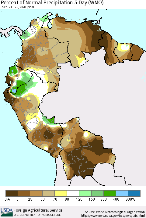 Northern South America Percent of Normal Precipitation 5-Day (WMO) Thematic Map For 9/21/2020 - 9/25/2020