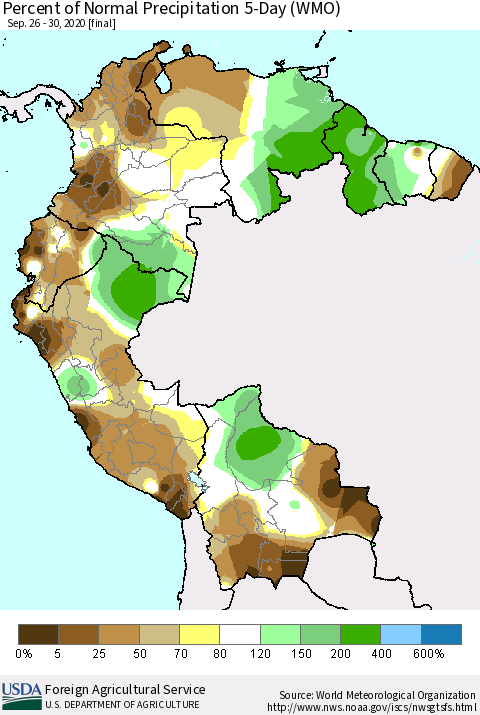 Northern South America Percent of Normal Precipitation 5-Day (WMO) Thematic Map For 9/26/2020 - 9/30/2020