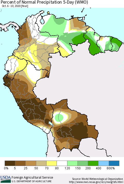 Northern South America Percent of Normal Precipitation 5-Day (WMO) Thematic Map For 10/6/2020 - 10/10/2020
