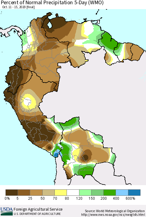 Northern South America Percent of Normal Precipitation 5-Day (WMO) Thematic Map For 10/11/2020 - 10/15/2020