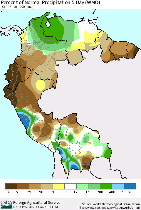 Northern South America Percent of Normal Precipitation 5-Day (WMO) Thematic Map For 10/16/2020 - 10/20/2020