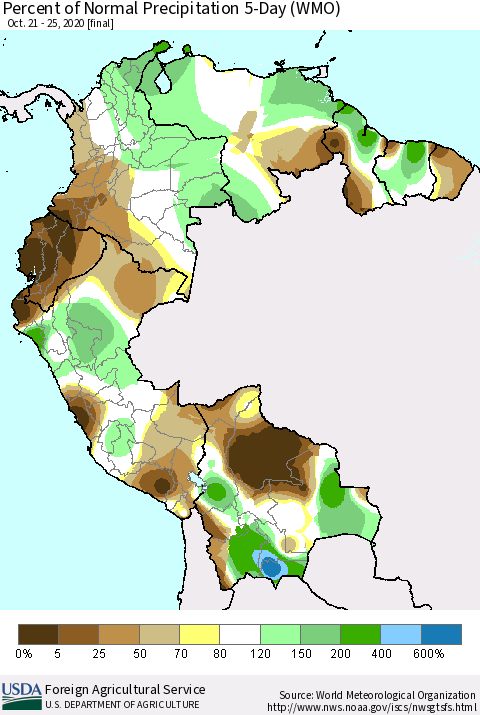Northern South America Percent of Normal Precipitation 5-Day (WMO) Thematic Map For 10/21/2020 - 10/25/2020