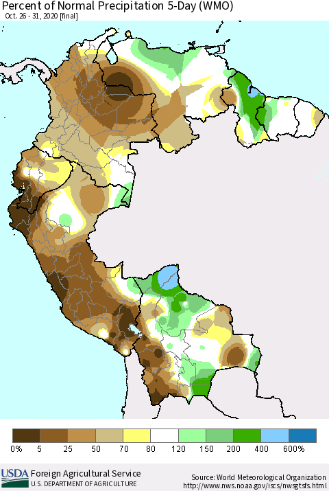 Northern South America Percent of Normal Precipitation 5-Day (WMO) Thematic Map For 10/26/2020 - 10/31/2020