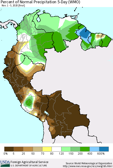 Northern South America Percent of Normal Precipitation 5-Day (WMO) Thematic Map For 11/1/2020 - 11/5/2020