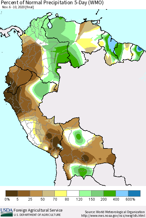 Northern South America Percent of Normal Precipitation 5-Day (WMO) Thematic Map For 11/6/2020 - 11/10/2020
