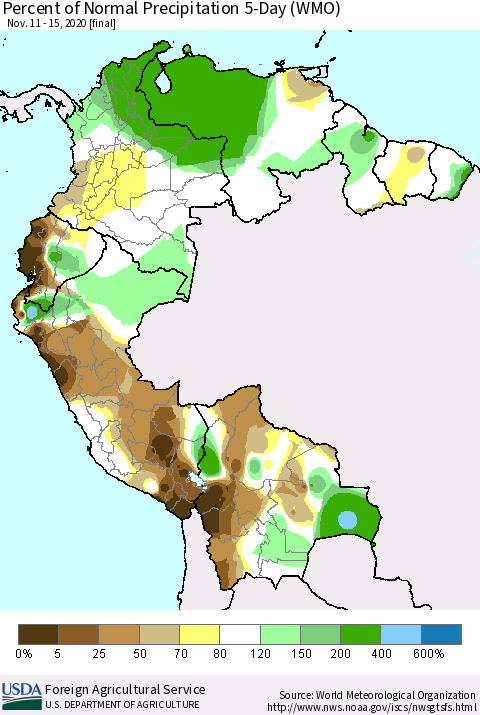 Northern South America Percent of Normal Precipitation 5-Day (WMO) Thematic Map For 11/11/2020 - 11/15/2020