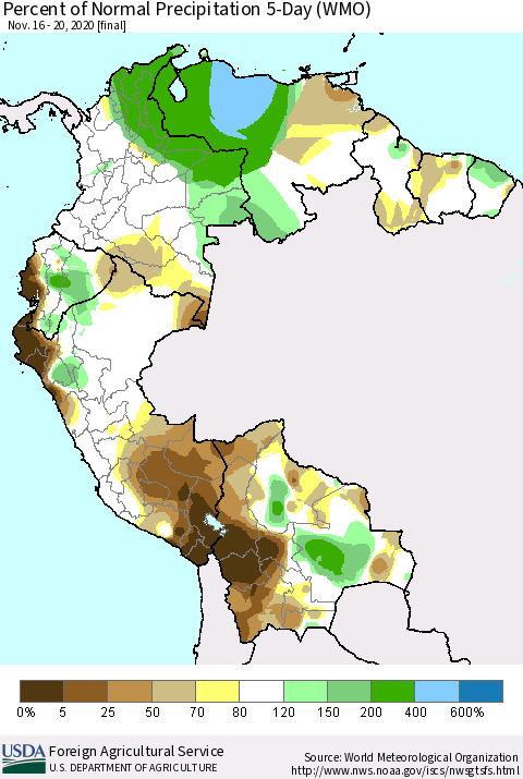 Northern South America Percent of Normal Precipitation 5-Day (WMO) Thematic Map For 11/16/2020 - 11/20/2020