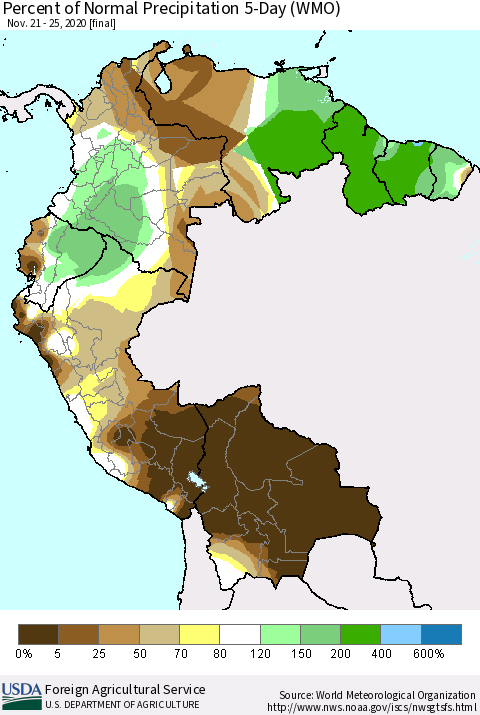Northern South America Percent of Normal Precipitation 5-Day (WMO) Thematic Map For 11/21/2020 - 11/25/2020