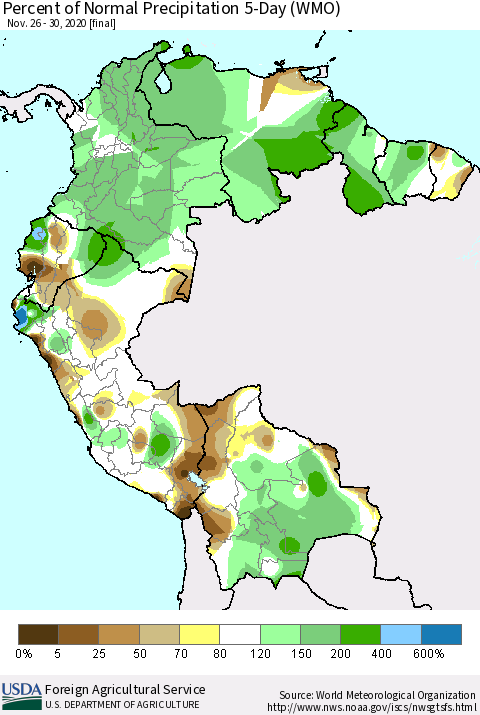 Northern South America Percent of Normal Precipitation 5-Day (WMO) Thematic Map For 11/26/2020 - 11/30/2020