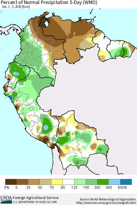 Northern South America Percent of Normal Precipitation 5-Day (WMO) Thematic Map For 12/1/2020 - 12/5/2020