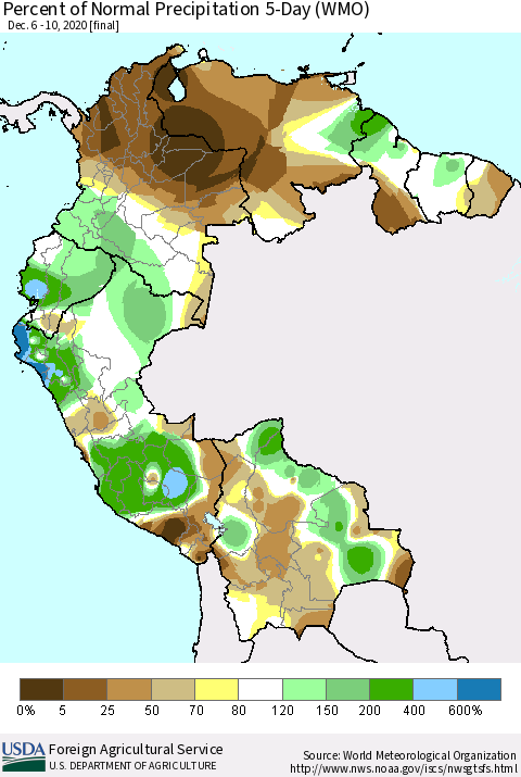 Northern South America Percent of Normal Precipitation 5-Day (WMO) Thematic Map For 12/6/2020 - 12/10/2020