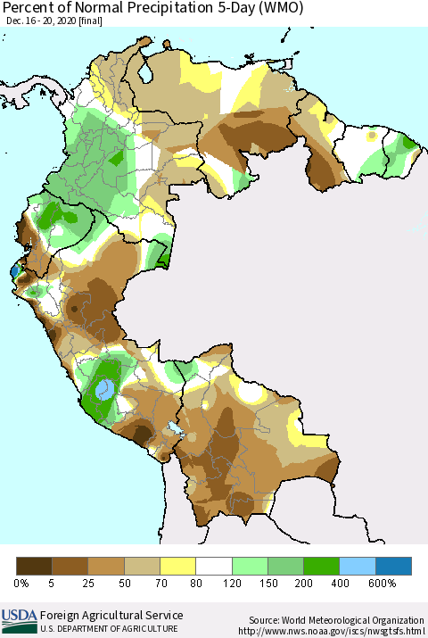 Northern South America Percent of Normal Precipitation 5-Day (WMO) Thematic Map For 12/16/2020 - 12/20/2020
