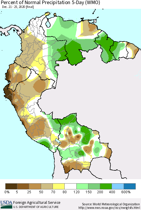 Northern South America Percent of Normal Precipitation 5-Day (WMO) Thematic Map For 12/21/2020 - 12/25/2020