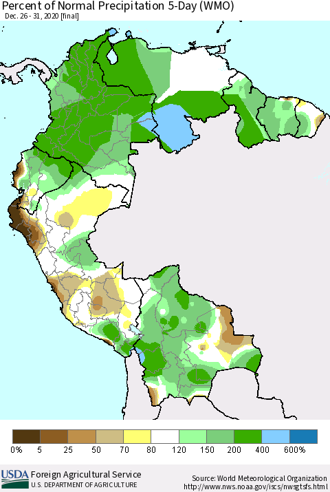 Northern South America Percent of Normal Precipitation 5-Day (WMO) Thematic Map For 12/26/2020 - 12/31/2020